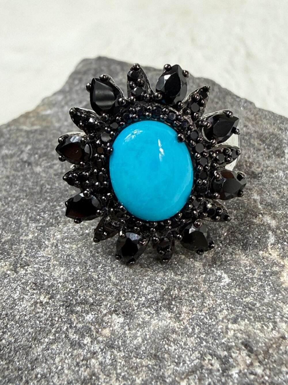 Sterling Silver Sleeping Beauty Turquoise and Black Spinel Ring Size 5.25